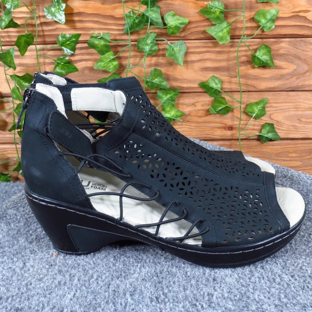 JBU Nelly Women Wedge Sandal 9.5 Fashion Travel Laser Cut Black Vegan Textile
